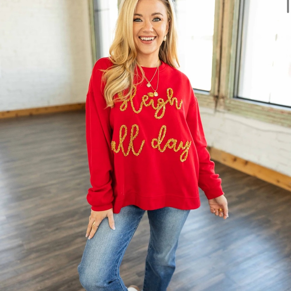 Sleigh All Day Red Women's Sweater with Gold Script